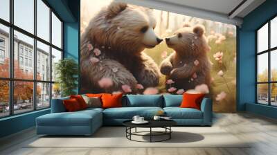 Hyper realistic super cute mama bear hugging baby bear. Happy mother's day greeting card concept. AI generated image Wall mural