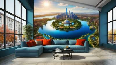 Abstract Fantasy futuristic green city scape among sea. concept of future eco cityscape at daylight Wall mural