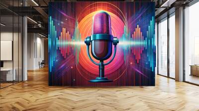 Colorful music podcast concept. Microphone with voice recording wave. Future technology Wall mural