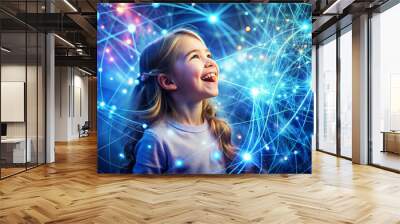 Happy kid girl amazed in cyberspace and virtual reality. Child having fun in metaverse digital hud hologram with geometric figures, statistics and indicators. Concept of virtual reality and technology Wall mural