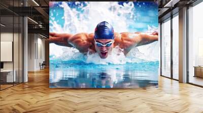 Professional man swimmer swim using breaststroke technique in swimming pool. Concept of professional sport and competition Wall mural