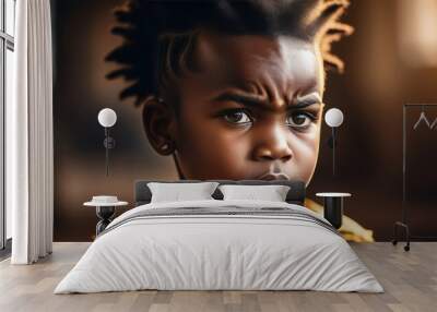 Sad african american kid boy on blurred abstract background. Portrait photography angry black kid Wall mural