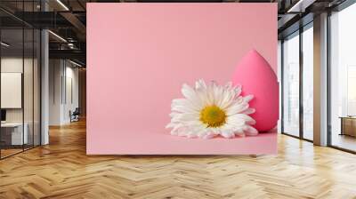 A sponge for applying makeup in the form of a drop or egg and a white chrysanthemum flower on a delicate pink background Wall mural