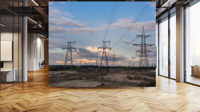 distribution electric substation with power lines and transformers, at sunset. Wall mural