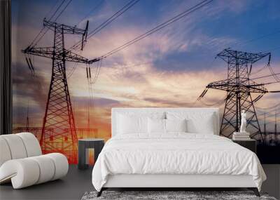 distribution electric substation with power lines and transformers. Wall mural