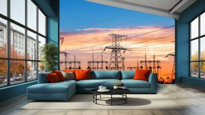 distribution electric substation with power lines and transformers. Wall mural