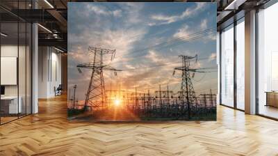 distribution electric substation with power lines and transformers Wall mural