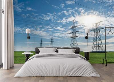 Electrical net of poles on a panorama of blue sky and green meadow Wall mural