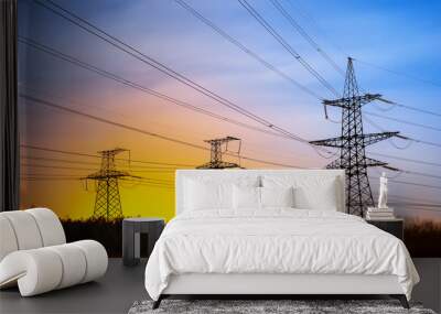 Electrical pylon and high voltage power lines at night. Wall mural