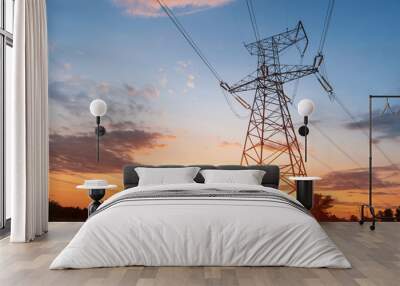 Electrical substation silhouette on the dramatic sunset background Wall mural