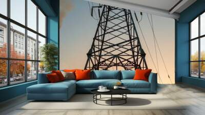 Electrical substation silhouette on the dramatic sunset background Wall mural