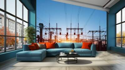 Electrical substation silhouette on the dramatic sunset background Wall mural