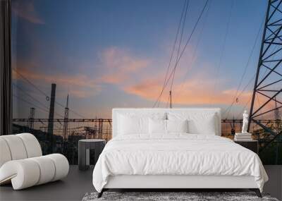 High voltage power lines a summer. Thermal power plant. High-voltage transformer substation. Wall mural