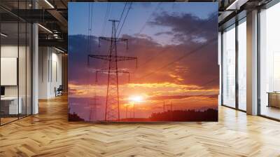 high-voltage power lines at sunset. electricity distribution station . Wall mural