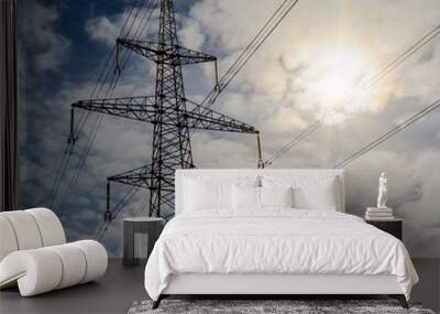 high-voltage power lines at sunset. electricity distribution station. high voltage electric transmission tower Wall mural