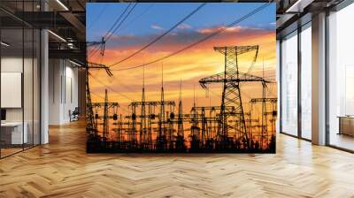 High-voltage power lines. Electricity distribution station. high voltage electric transmission tower. Distribution electric substation with power lines and transformers Wall mural