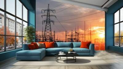 High-voltage power lines. Electricity distribution station. high voltage electric transmission tower. Distribution electric substation with power lines and transformers Wall mural