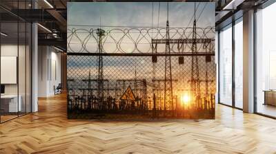 Impression network at transformer station in sunrise, high voltage up to yellow sky take with yellow tone Wall mural