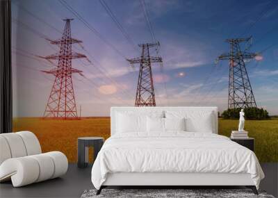 Silhouette High voltage electric tower on sunset time and sky on sunset time background. Wall mural