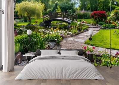 A garden area near a small lake image Wall mural