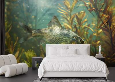 A Single Fish Swimming Through Underwater Plants Wall mural