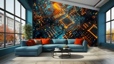 Abstract Futuristic Circuit Board with Glowing Wires and Microchip Wall mural