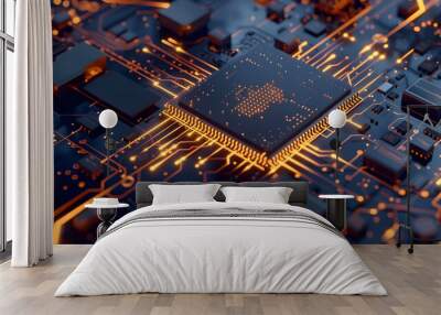 Close-up of a Computer Chip on a Circuit Board Wall mural