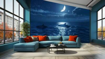 Dolphins Swimming Under a Starry Night Sky Wall mural