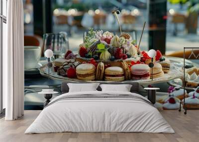 Gourmet Pastries and Macarons with Berries and Whipped Cream Wall mural