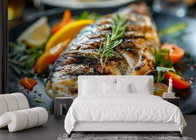 Grilled Fish with Lemon and Tomatoes Delicious Seafood Dish Wall mural