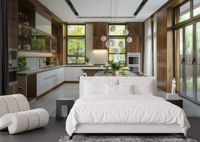 Kitchen with wood cabinets and white accents image Wall mural