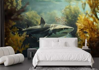 Shark Swimming Through Seaweed in the Ocean Wall mural