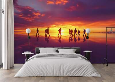 Silhouettes of People Walking on Salt Flats at Sunset Wall mural