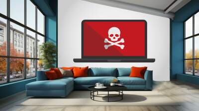 Laptop with envelope and skull on the screen. Concept of virus, piracy, hacking and security. Flat vector illustration. Wall mural