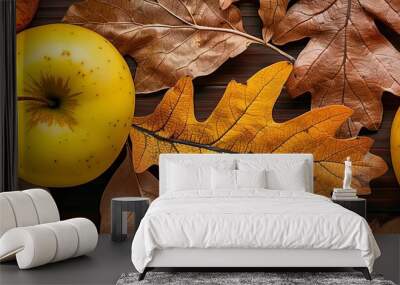 13 Close-up of yellow apple and oak leaf, intricate textures, detailed view, natural patterns Wall mural