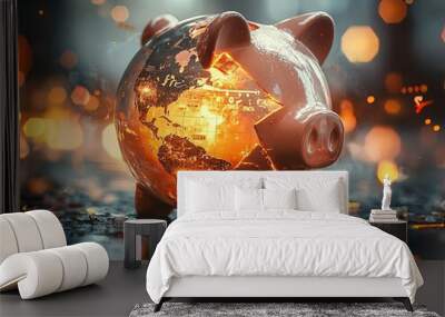 A broken piggy bank with a globe inside, surrounded by inflation symbols and fluctuating interest rates, inflation impact, world economy Wall mural