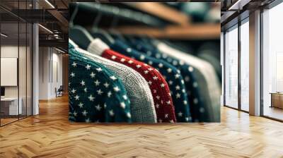 A collection of colorful sweaters adorned with star patterns, displayed on hangers in a cozy, stylish setting. Wall mural