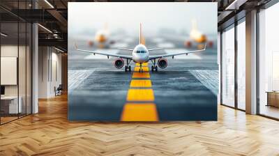 A focused view of an airplane on a runway, with two planes blurred in the background, emphasizing aviation and travel. Wall mural