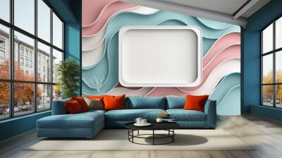 A modern design featuring layered waves of pastel colors with a blank white frame in the center, creating a stylish and artistic effect. Wall mural