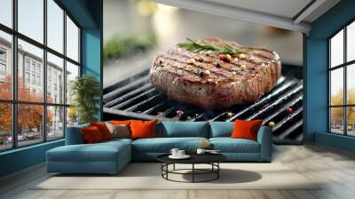 A perfectly grilled steak garnished with herbs and colorful peppercorns, resting on a striped grill pan. Wall mural