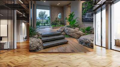 A serene entrance hallway featuring stone steps, lush greenery, and artwork, creating a harmonious blend of nature and design. Wall mural