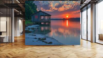 A serene sunset reflects on calm waters beside a rustic wooden cabin, surrounded by lush trees, creating a tranquil atmosphere. Wall mural