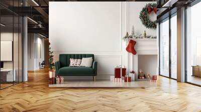 Cozy Christmas living room with tree, gifts, and festive decorations. Wall mural