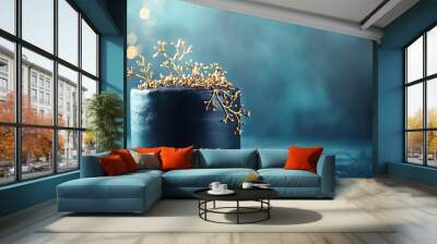 Elegant dark blue cake decorated with gold accents against a dreamy blue background. Wall mural