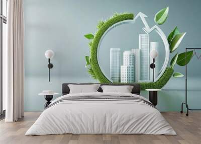 Green urban life concept with buildings and leaves in a circular frame. Wall mural