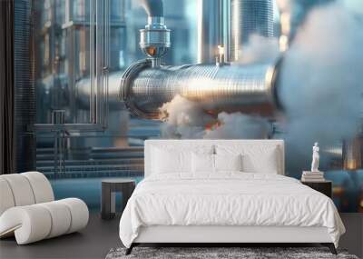 Industrial equipment with pipes releasing steam and flames. Wall mural