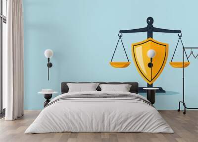 Justice scale with shield, symbolizing law and fairness, on light blue background. Wall mural