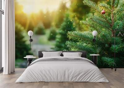 Lush evergreen trees in a forest during sunrise, soft light and nature ambiance. Wall mural