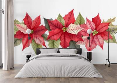 Poinsettia flowers, vibrant red and green, festive arrangement, Watercolor style Wall mural