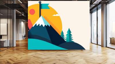 Stylized mountain landscape with a flag, vibrant colors, and a sunset background Wall mural